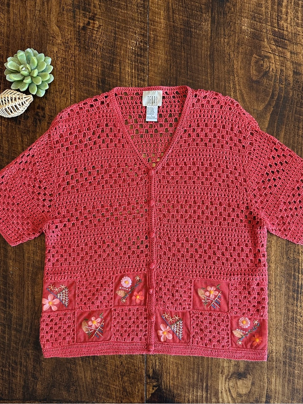 TEDDI | VTG Terracotta Crochet Embroidered Short Sleeve Cardigan, Size L